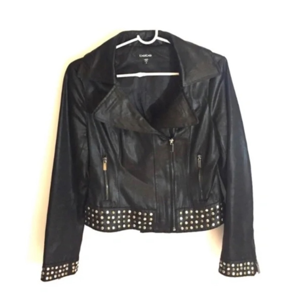 Bebe Black Leather Style Faux Moto Jeweled Jacket Sz M